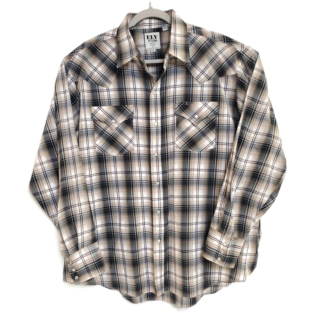 Ely Cattleman Shirt Mens XL Western Pearl Snap Plaid Long Sleeve Brown‎ Beige